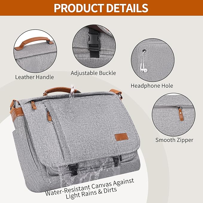 ESTARER Messenger Bag 17-17.3 Inch, Men's Computer Bag Water-resistant Canvas, Laptop Shoulder Bag for Travel Work College, Light Grey