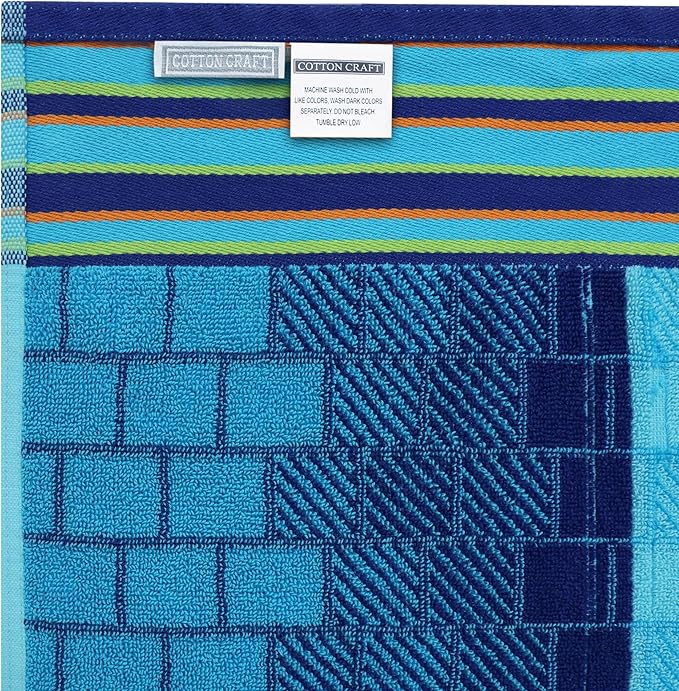 COTTON CRAFT Hooded Beach Towel – Oversized 39 x 68 Towel with Hood for Adults - 100% Cotton Velour Terry Jacquard Towel - Pool Bath Wrap - 450 GSM Soft Absorbent Quick Dry – Blue Tiles