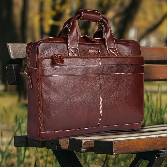 LEATHER VILLAGE 18" Leather Laptop Messenger Briefcase Bag for Men-Leather Satchel for Travel and Office Shoulder Bag-Red Brown