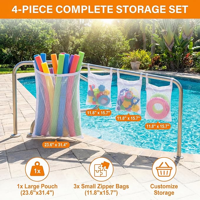 Poolside Perfection! 4-Pack Mesh Storage Bags for Toys, Pool Noodles, Vibrant Floats – Organize Your Swim Gear in Style! (3 pcs Small Zipper Bags & One Large Opening Bag)