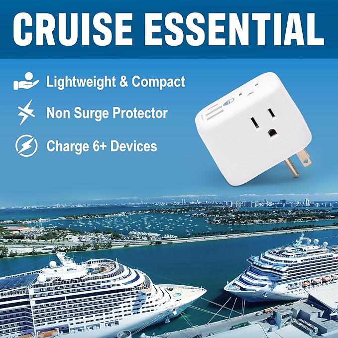 Cruise Approved Power Strip Foldable, Non Surge Protector Travel Power Strip, Multi Plug, 6 Outlets, 2 USB-A, 1 USB-C, & 3 AC Outlet for Carnival, Celebrity, Princess, & Major Lines in 2026 & 2027