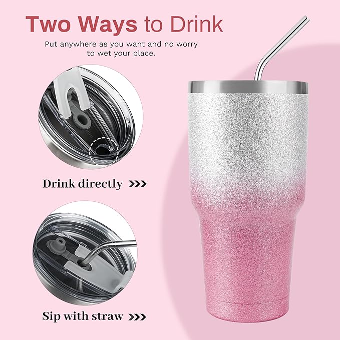D·S 30 oz Tumbler Pink Glitter Gradient Cup Stainless Steel Double Wall Vacuum Insulated Mug with Straw and Lid, Cleaning Brush for Cold and Hot Beverages