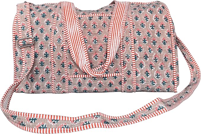 ATOSII Handblock Print 100% Cotton Large Quilted Duffle Bag for Overnight Trip, Travel Weekend Bag, Luggage, 2 Pockets with Zipper, 1 Front Pocket, Detachable Long Strap, 20 X 10 X 12 Inches, Pebble