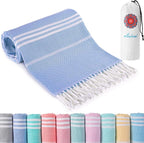 Turkish Beach Towels Vacation Essentials with Bag Quick Dry Sand Free Soft Absorbent Adult Bath Pool Swim Long Wide Stripe Towel Cloud Linen Sandfree Mat Summer Thing Lightweight Thin Travel Blue