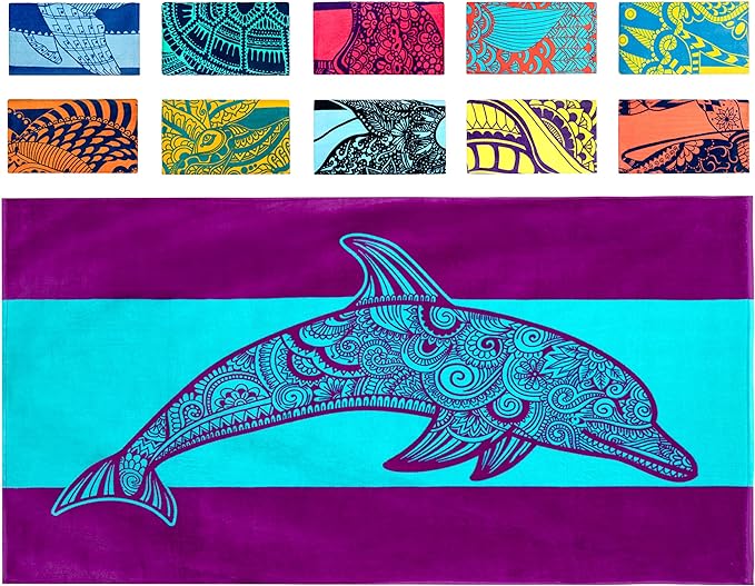 Nova Blue Dolphin Beach Towel – Tropical Blue & Purple Colors with A Unique Design, Extra Large, XL, Pool Towels (34”x 63”) Made from 100% Cotton