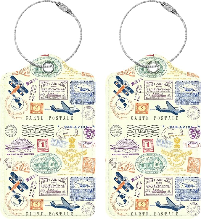 Luggage Tags for Suitcases, 2 Pack Cute PU Leather Luggage Tag TSA Approved with Stainless Steel Loop and Address Card Baggage Tag for Travel&Cruise Ships&Shipping Retro Stamp, by Chelmon
