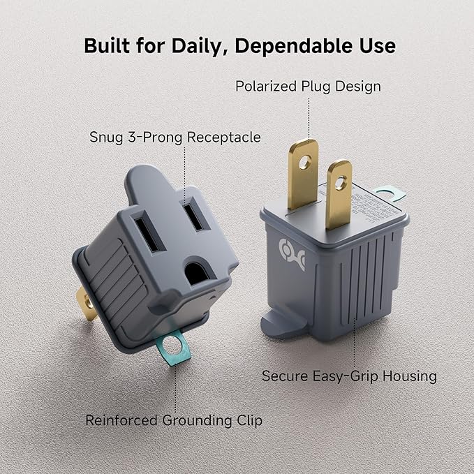 [UL Listed] Cable Matters 3-Pack 2 Prong to 3 Prong Outlet Adapter, 3P to 2P Plug Adapter - Converts a 2Prong Outlet to Support 3Prong Plugs, Gray