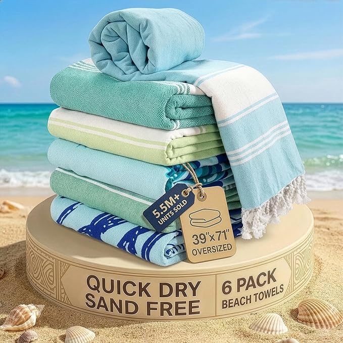 LANE LINEN Turkish Beach Towels Set of 6, Oversized Beach Towel, Lightweight Beach Essentials for Women, Large Pool Towel, Absorbent & Quick Dry, Sand Free Beach Towel, 39"x71" - Tropical Breeze