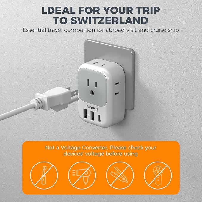 Switzerland Travel Plug Adapter 2 Pack, TESSAN Type J Adaptor with 4 Outlets 3 USB Charging Ports(1 USB C PD 20W), Swiss Travel Plug for US to Switzerland, Liechtenstein, Rwanda