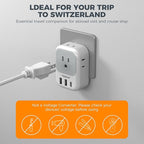 Switzerland Travel Plug Adapter 2 Pack, TESSAN Type J Adaptor with 4 Outlets 3 USB Charging Ports(1 USB C PD 20W), Swiss Travel Plug for US to Switzerland, Liechtenstein, Rwanda