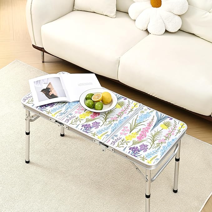 Yriuat Folding Camping Table 3ft Portable Pinic Table Adjustable Height Small Card Table Aluminum Foldable Lightweight with Carry Handle for Outdoor Indoor Hiking Camp BBQ Beach (Blooming Floral)