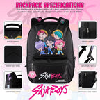 AI ACCESSORY INNOVATIONS K-Pop Demon Hunters Chibi Saja Boys 16” Backpack for Girls, Featuring Jinu, Abby, Mystery, Romance, & Baby, Saja Rubber Molded Bag Charm, Saja Boys