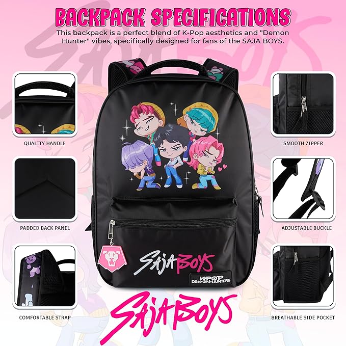 AI ACCESSORY INNOVATIONS K-Pop Demon Hunters Chibi Saja Boys 16” Backpack for Girls, Featuring Jinu, Abby, Mystery, Romance, & Baby, Saja Rubber Molded Bag Charm, Saja Boys