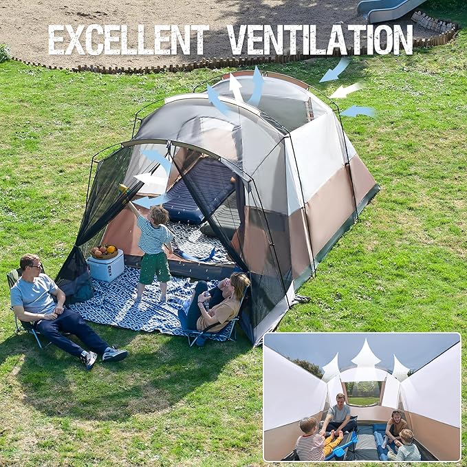 PORTAL 6/8/10 Person Family Camping Tent with Screen Room, Water Resistant Big Tunnel Tents with Rainfly, Large Family Tent for Camping, Outdoor, Patio