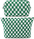 SOIDRAM 2 Pieces Makeup Bag Large Checkered Cosmetic Bag Capacity Canvas Mix Travel Toiletry Bag Organizer Cute Makeup Brushes Aesthetic Accessories Storage Bag for Women, Checkered Mix Green