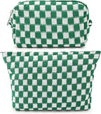 SOIDRAM 2 Pieces Makeup Bag Large Checkered Cosmetic Bag Capacity Canvas Mix Travel Toiletry Bag Organizer Cute Makeup Brushes Aesthetic Accessories Storage Bag for Women, Checkered Mix Green