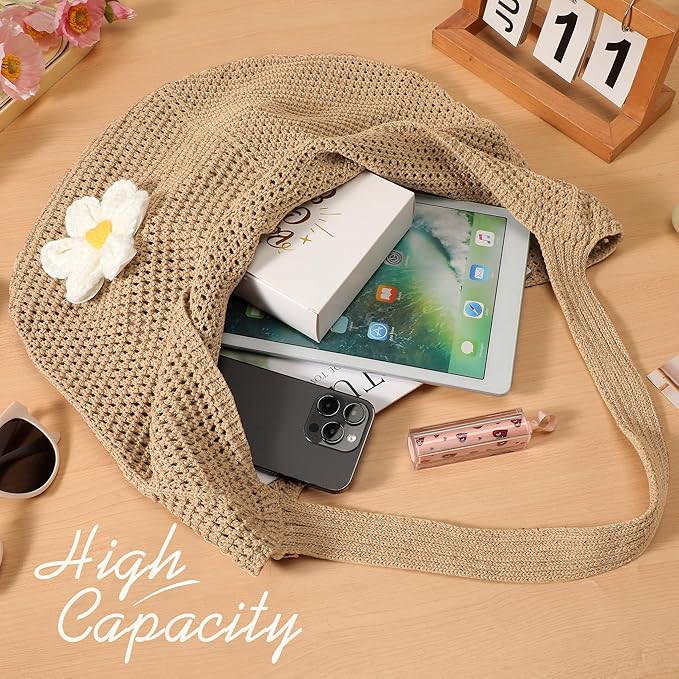 Premillow Crochet Beach Bags for Women, Summer Beach Tote Bag, Mesh Cute Beach Purse, Aesthetic Knit Bag Handbag Shoulder Bag