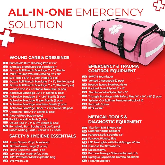Fully Stocked EMT Trauma Bag – Tactical First Responder Medical Kit with Tourniquet, Vented Chest Seals, Hemostatic Gauze, Trauma Shears, Bandages & Bleeding Control Supplies – Pink