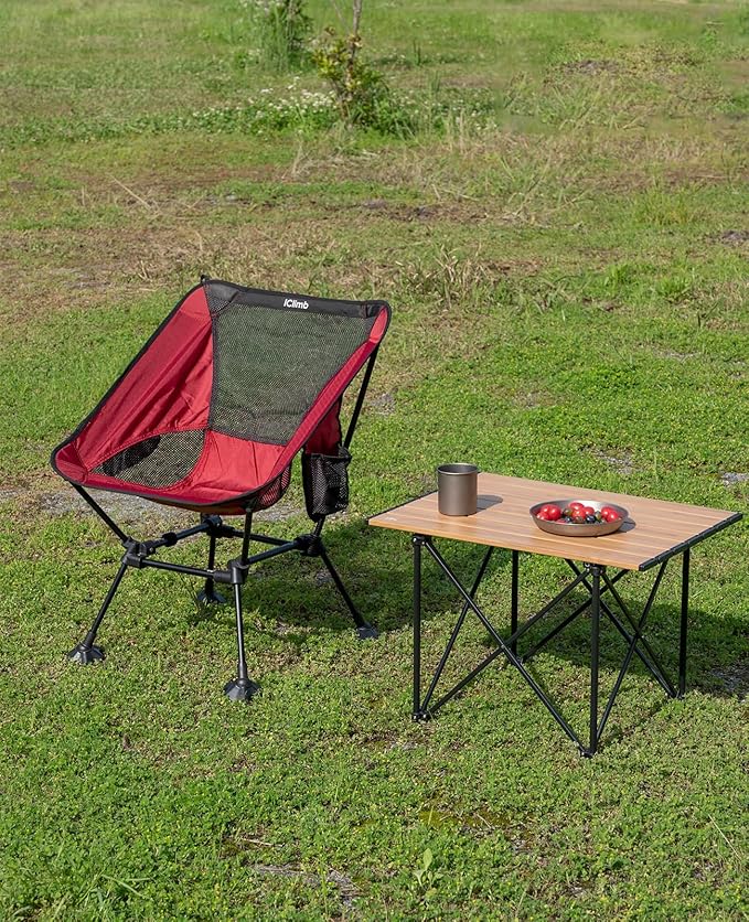iClimb Ultralight Compact Camping Folding Beach Chair with Anti-Sinking Large Feet and Back Support Webbing (Red - Square Frame)