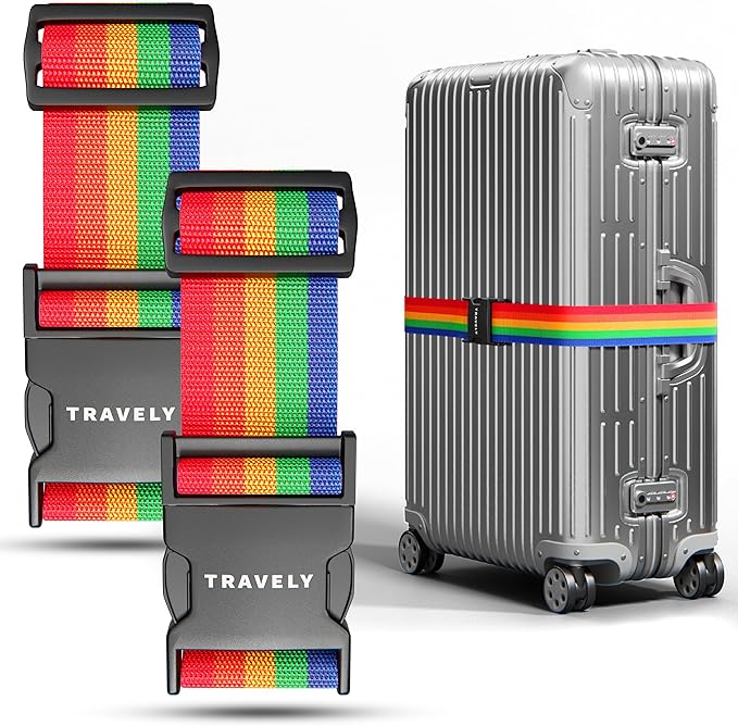 TRAVELY Luggage Straps - Particularly conspicuous & Secure - Incl. 2 Name Tags - Luggage Strap Ideal crosswise - [Set of 2]