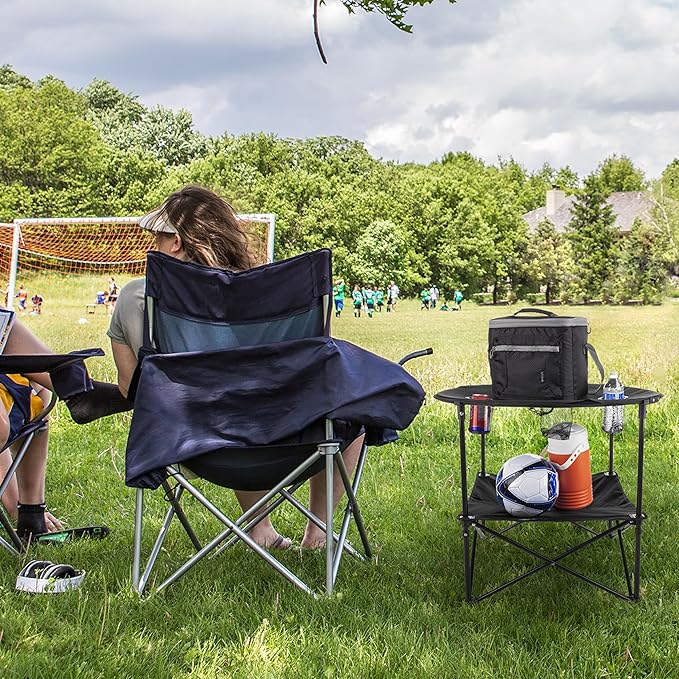 Camping Table - 2-Tier Folding Table with 4 Cupholders and Carry Bag for Picnic, Tailgate, Beach, or Camp - Camping Gear by Wakeman Outdoors (Black)