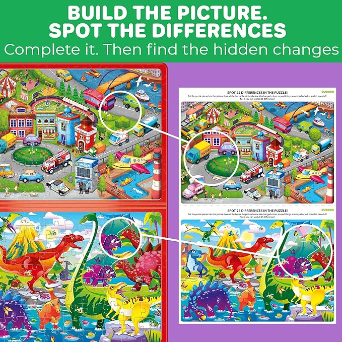 QUOKKA Magnetic Puzzles for Kids Ages 4-6 – 100 PCS Magnetic Puzzle Book for Toddlers 3-5 – 2 Puzzles & 2 Spot The Difference Maps – Search & Find Travel Games – Activity Book Dinos & City Cars