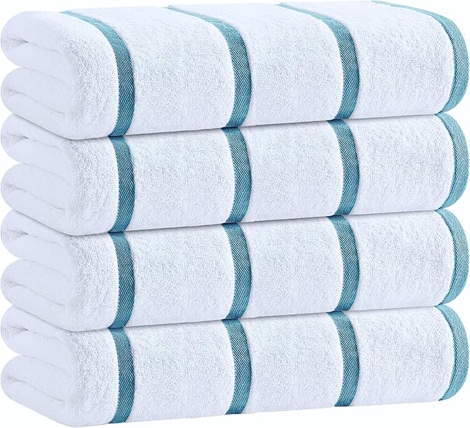 White Classic Cotton Pool Towels Oversized 30 x 60 Inches, Ultra Absorbent and Low Lint Striped Beach Towels for Adults, Stripes Design Luxury Extra Large Bath Towels, Light Blue, 4 Pack