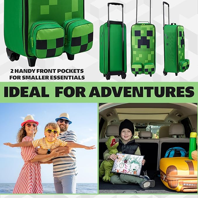 Minecraft Kids Foldable Trolley Bag 25”, 17L Luggage with Wheels, Creeper - Gamer Travel Essentials, Gifts for Kids