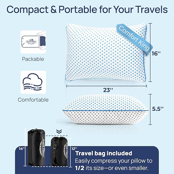 Cooling Shredded Memory Foam Travel & Camping Pillow Large, Adjustable College Dorm Pillow for Home-Like Comfort,Compressible Portable & Medium Firm Neck Support, Ideal Sleeping, Car, Airplane