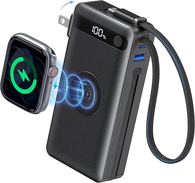 BREEKET Nano Power Bank, 10000mAh Portable Charger with Built-in Cables & Wall Plug, 5 Outputs 22.5W USB C Fast Charging Travel Battery Pack for iPhone 17/16/15/14, Apple Watch Ultra/11/10/9/8/7/6/SE