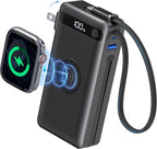 BREEKET Nano Power Bank, 10000mAh Portable Charger with Built-in Cables & Wall Plug, 5 Outputs 22.5W USB C Fast Charging Travel Battery Pack for iPhone 17/16/15/14, Apple Watch Ultra/11/10/9/8/7/6/SE