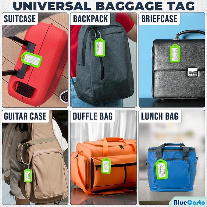BlueCosto - Luggage Tags - Green, 50 Pack - Suitcase Tags with Name ID Card & Heavy-Duty Metal Wire Loops - Bright Colored PVC Identifiers for Travel Baggage - Backpack Name Labels