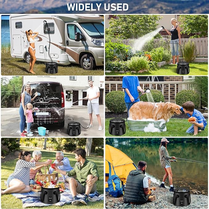 Spopal Portable Shower for Camping, Rechargeable Camping Shower with Collapsible Bucket with Handle 20L Intelligent LED Display, 4 Spray Modes, Outdoor Shower Kit for Hiking, Travel, Car, Pet 【Black】