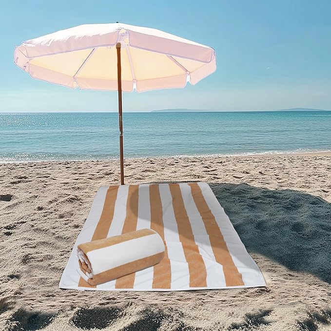 COTTON CRAFT Oversized XL Beach Towel - 2 Pack 39 x 68 inches Big & Huge Beach Blanket Towel - 100% Cotton Velour Thick Plush 450 GSM Super Soft Luxury - Pool Picnic Bath Towel - Cabana Stripe Linen
