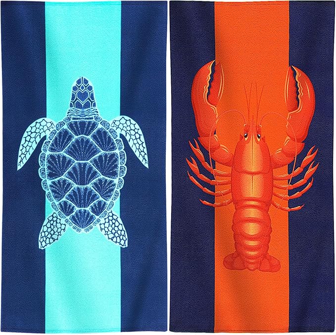 Genovega 2 Packs Oversized Beach Towel Set 36 x 72 ln Large Big Pool Camping Swim Clearance Soft Towels Travel Essentials Accessories Must Haves Vacation Necessities Adult Gifts Turtle Lobster