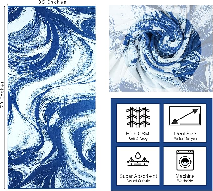 COTTON CRAFT Oversized Beach Towel - 2 Pack 35 x 70 inches XL Beach Towel - Summer Wave - 100% Cotton Jacquard Velour - Big & Huge Thick Plush 450 GSM Super Soft Luxury Towel - Pool Picnic Bath - Blue