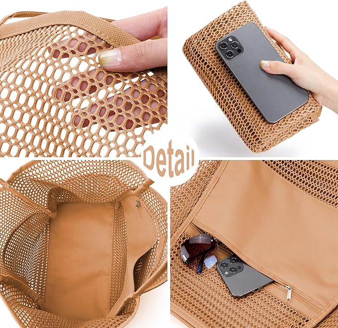 KALIDI Beach Nylon Mesh Tote Bag, Casual Tote Bag Hobo Women Foldable MAX 23L Shoulder Bag For Beach Picnic Vacation
