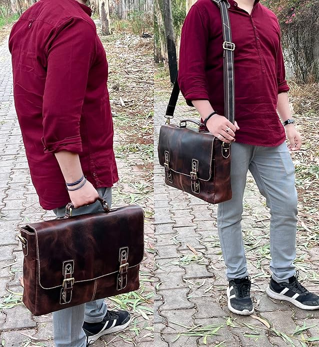RUSTIC TOWN 16" Leather Laptop Messenger Bag for Men - Full Grain Leather Briefcase Computer Satchel Office Crossbody Bag
