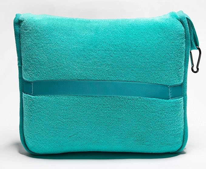 BlueHills Premium Soft Travel Blanket Pillow Value Pack Set of 2 - Airplane Flight Blanket Throw in Soft Bag with Luggage Belt Compact Pack Large Blanket for Travel Teal and Purple Colors