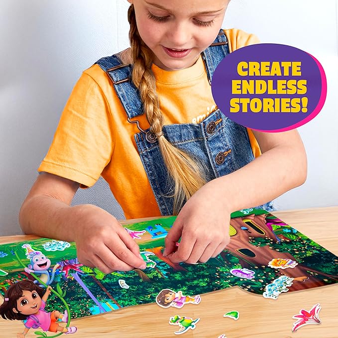 Dora Puffy Sticker Playset, 35 Reusable Stickers and 2 Play Scenes, Fun Kids Activities, Toddler Toys, Road Trip Essentials, Gifts for 4 Year Old Girl, Mess Free Airplane Toy