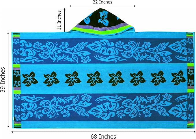 COTTON CRAFT Hooded Beach Towel for Adults – Oversized 39x68 Towel with Hood - 100% Cotton Velour Terry Jacquard Pool Bath Wrap - 450 GSM Soft Absorbent Quick Dry – Tropical Hibiscus Aqua Blue Purple