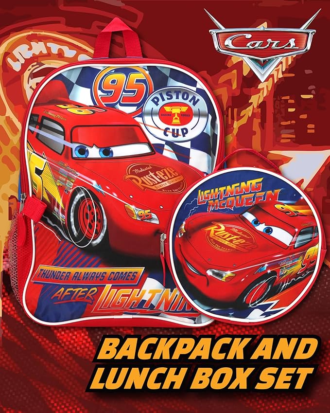 Fast Forward Lightning McQueen Boys Backpack and Lunch Box Set - 2 Piece 15 Inch School Backpack With Detachable Lunch Bag, Lightning McQueen Blue/Red