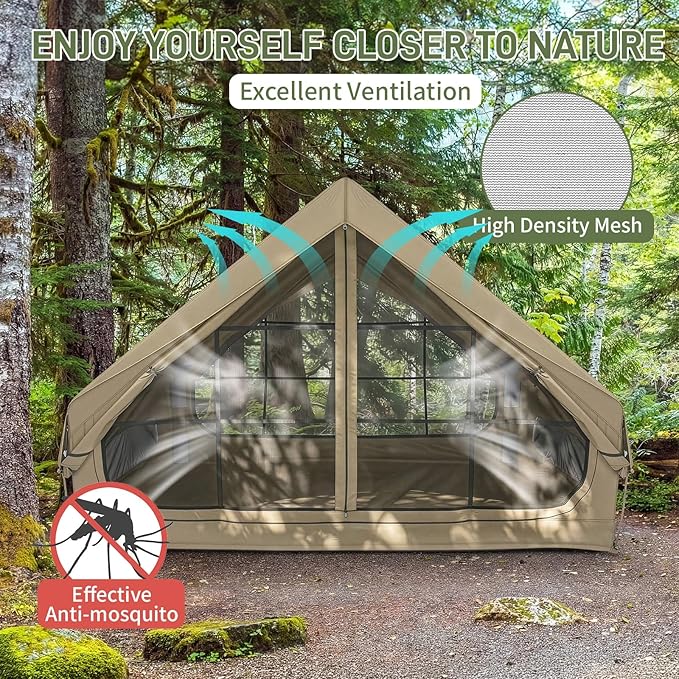 VINGLI Inflatable Camping Tent, All-Weather Inflatable Hot Tents with Stove Jack, Blow Up Tent for Camping with Mesh Doors & Windows, Inflatable Air Tents for Camping Adult
