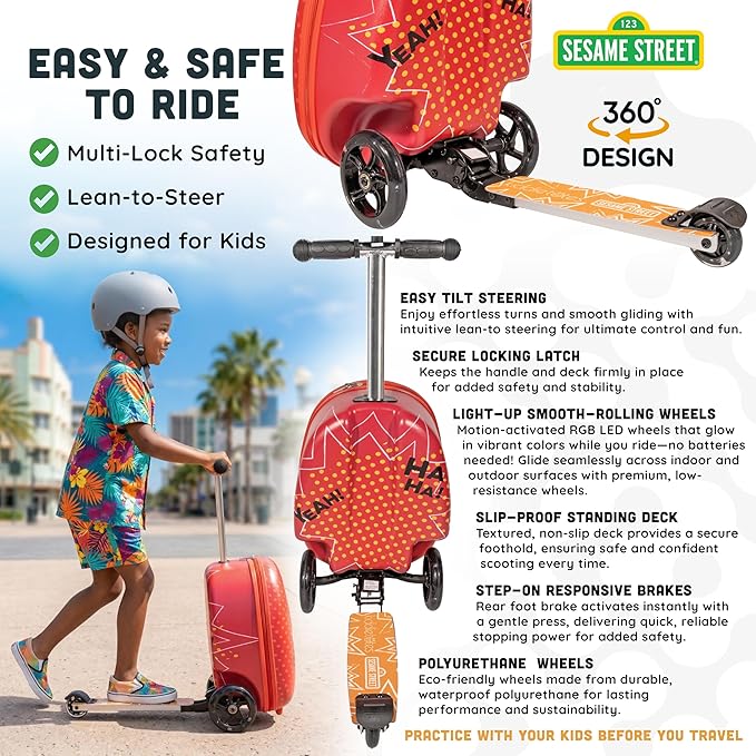 Sesame Street Elmo Ride-On Scooter Suitcase for Kids – Hardside Lightweight Carry-On Luggage with Foldable Scooter & LED Wheels
