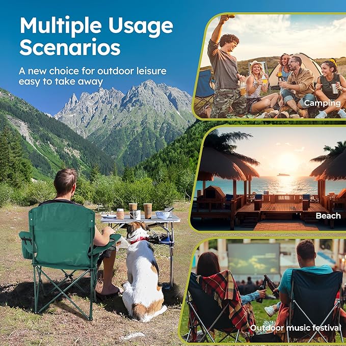 ALPHA CAMP Camping Chairs 250LBS Capacity, Heavy Duty Folding Chair with 4-Can Cooler Bag, Portable Outdoor Chair with Cup Holder for Adults, Collapsible for Tailgating, Beach, Fishing,Black,2PC