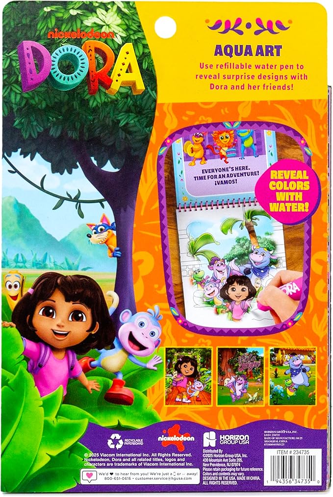 Dora Aqua Art, Includes Brush Pen and Reusable Water Reveal Pages, Mess Free Coloring for Toddlers, Travel Toys for Little Ones, Road Trip Essentials, Kids Airplane Activities, No Mess Coloring
