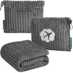 PAVILIA Travel Blanket Pillow, Airplane Blanket Set in Soft Bag with Pockets, Plane Blanket Compact Packable, Flight Essentials Car Pillow, Travelers Accessories Gifts, Luggage Strap, Gray