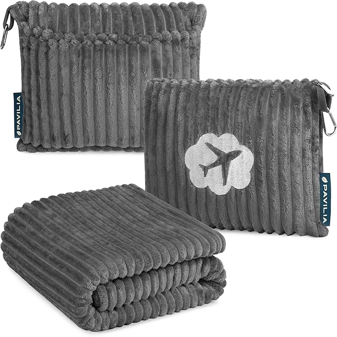 PAVILIA Travel Blanket Pillow, Airplane Blanket Set in Soft Bag with Pockets, Plane Blanket Compact Packable, Flight Essentials Car Pillow, Travelers Accessories Gifts, Luggage Strap, Gray