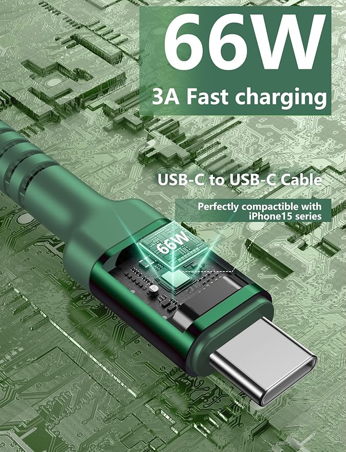 USB C Cable 6FT, 2Pack USBC to USBC Fast Charging Cable, iPhone 16 15 Charger Cable Long Type C Cord Nylon Braided Compatible with iPhone 17/16/15/Pro Max/Plus/Samsung Galaxy S23/LG and More-Green