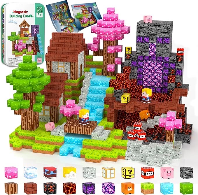 Magnetic Blocks Travel Magnetic Building Blocks Cubes - 150 PCS Tin Box Magnet Toys Set STEM Educational for Kids Ages 4-8 6-8 8-12 Year Old Boys Girls Gifts Birthday Christmas